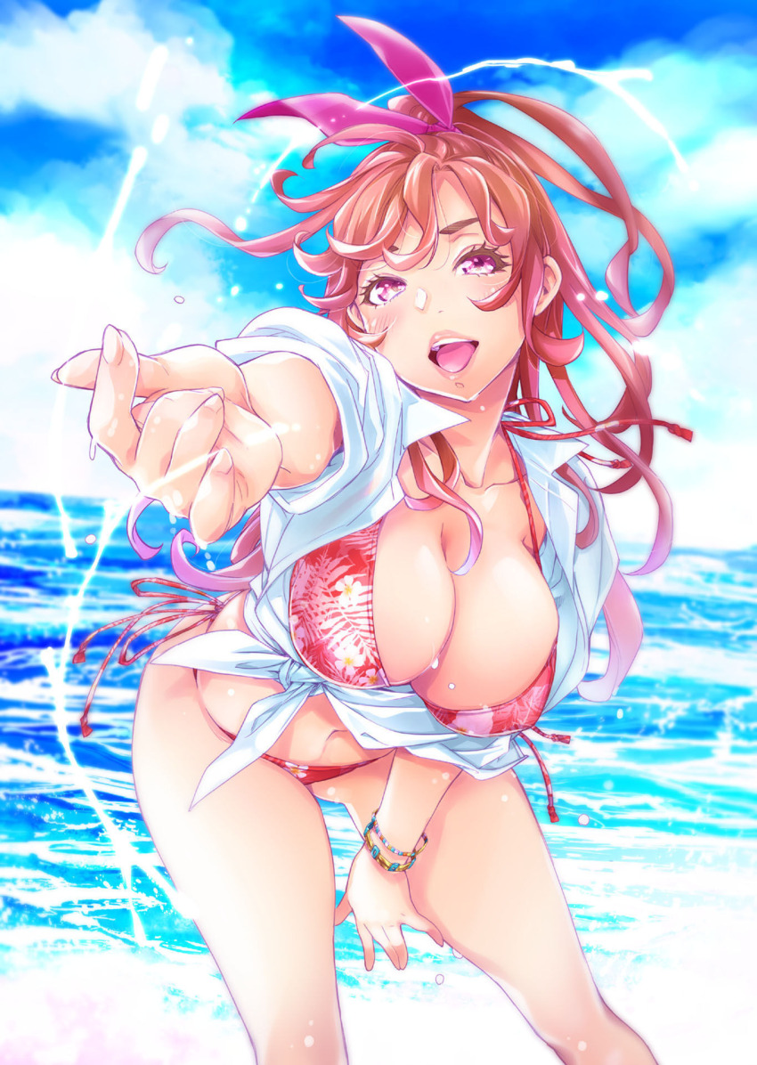 1girl, ayukawa_kaoruko, bikini, bikini_under_clothes, blush, bracelet, breasts, cleavage, cover, cover_page, eyelashes, feet_out_of_frame, female_focus, floating_hair, floral_print, gluteal_fold, head_tilt, highres, ingoshima, jewelry, large_breasts, leaning_forward, lips, long_hair, looking_at_viewer, manga_cover, navel, ocean, official_art, open_clothes, open_mouth, outstretched_arm, pink_eyes, red_bikini, red_hair, shiny_skin, shirt, skindentation, sky, sleeves_rolled_up, smile, swimsuit, teeth, textless_version, thick_eyebrows, tied_shirt, upper_teeth_only, wet, white_shirt, yoshiki_tanaka