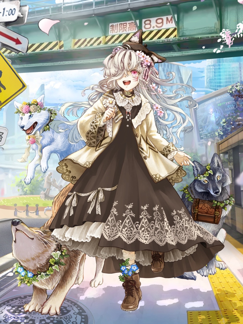 1girl, :d, angora_hamasaki, animal_ear_headwear, animal_ears, ankle_boots, ankle_flower, bag