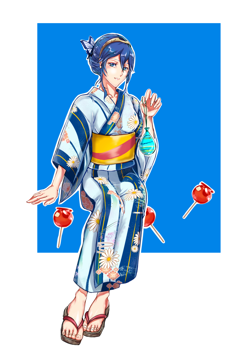 1girl, absurdres, alternate_hairstyle, arm_at_side, blue_eyes, blue_hair, breasts, candy_apple