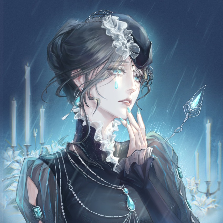 1girl, aqua_eyes, aqua_nails, black_dress, black_hair, black_hat, blue_background, candle