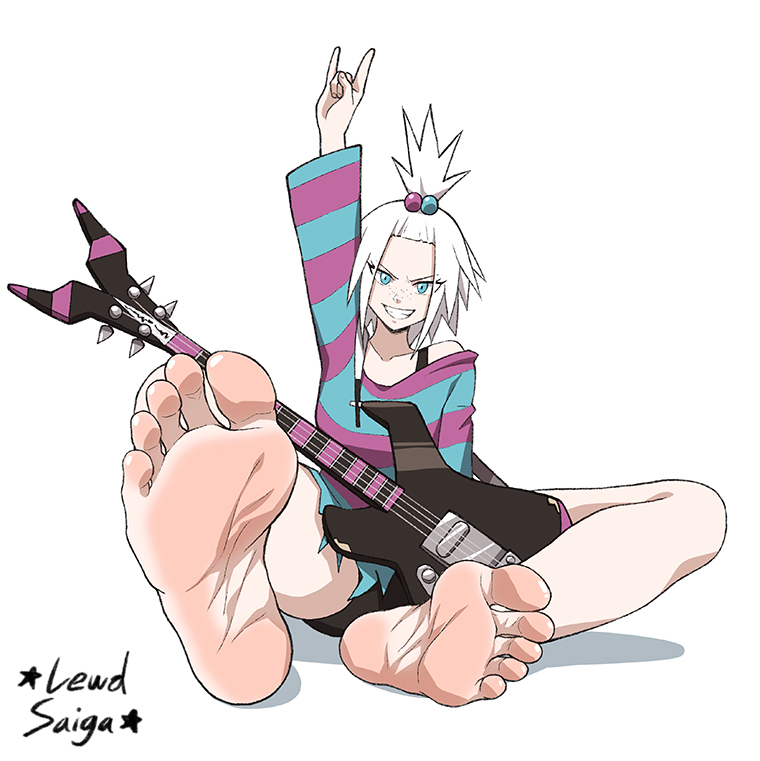 1girl, arm_up, artist_name, bare_shoulders, barefoot, bass_guitar, bike_shorts, bike_shorts_under_skirt, blue_eyes, clenched_hand, clenched_teeth, collarbone, dress, eyelashes, facing_viewer, feet, female_focus, flat_chest, foot_focus, freckles, full_body, gen_5_pokemon, grin, hair_ornament, instrument, legs, lewdsaiga, long_hair, long_sleeves, looking_at_viewer, medium_hair, neck, nintendo, off-shoulder_dress, off_shoulder, on_floor, outstretched_leg, parted_lips, pokemon, pokemon_black_2_and_white_2, punk, roxie_(pokemon), scolipede, short_shorts, shorts, sidelocks, signature, simple_background, smile, soles, spread_legs, striped_clothes, striped_dress, teeth, thighs, toes, topknot, v-shaped_eyebrows, white_background, white_hair, wide_dress, wide_sleeves