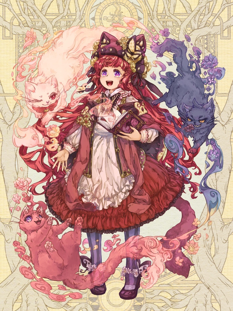 1girl, :d, angora_hamasaki, animal_hat, ankle_flower, apron, arm_at_side, black_cat