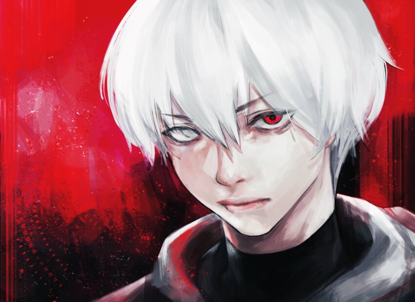 1boy, black_background, black_bodysuit, bodysuit, gradient_background, grey_eyes, hair_between_eyes, heterochromia, highres, jobjobpooh131, kaneki_ken, male_focus, portrait, red_background, red_eyes, short_hair, solo, tokyo_ghoul, white_hair