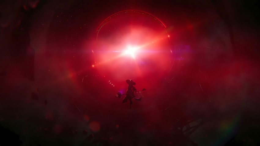 1girl, 1other, absurdres, bad_link, bad_miyoushe_link, dress, game_cg, glowing