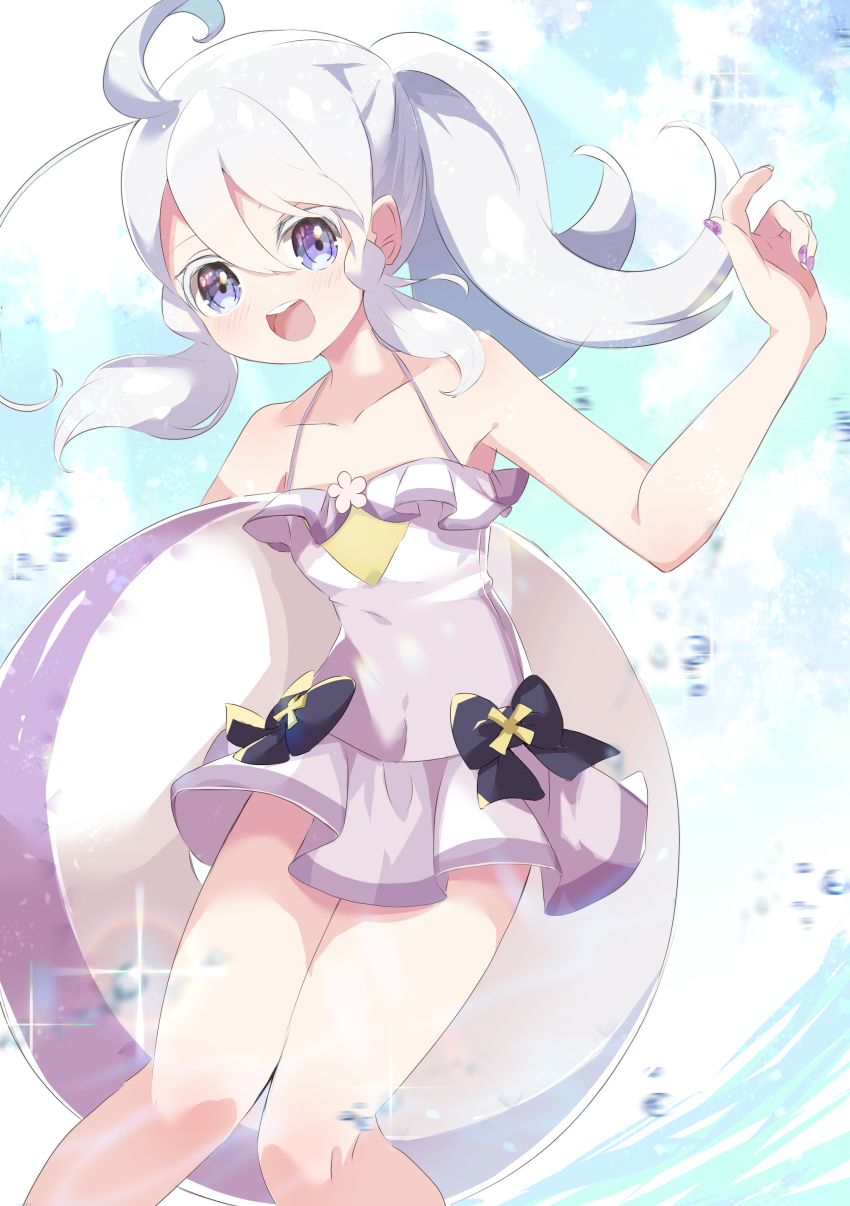 1girl, absurdres, ahoge, alternate_costume, alternate_hairstyle, aromage_jasmine, blue_eyes, blush