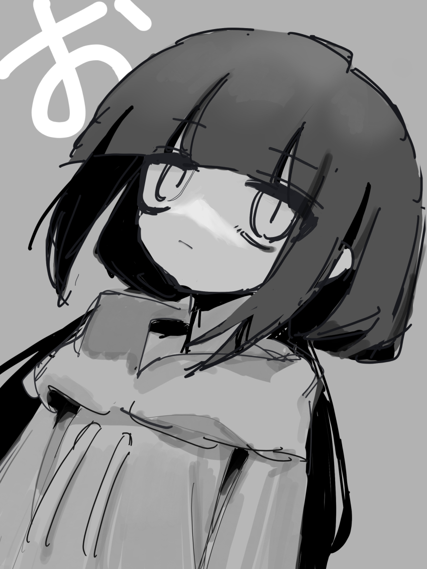 1girl, absurdres, bags_under_eyes, black_hair, blunt_bangs, expressionless, grey_background, greyscale