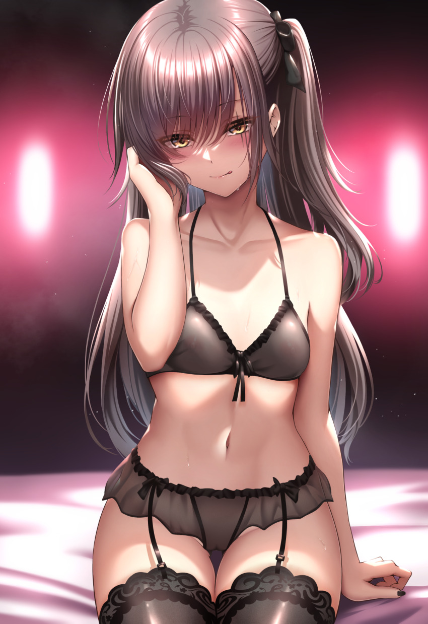 1girl, black_bra, black_nails, black_panties, black_ribbon, black_thighhighs, blush, bra