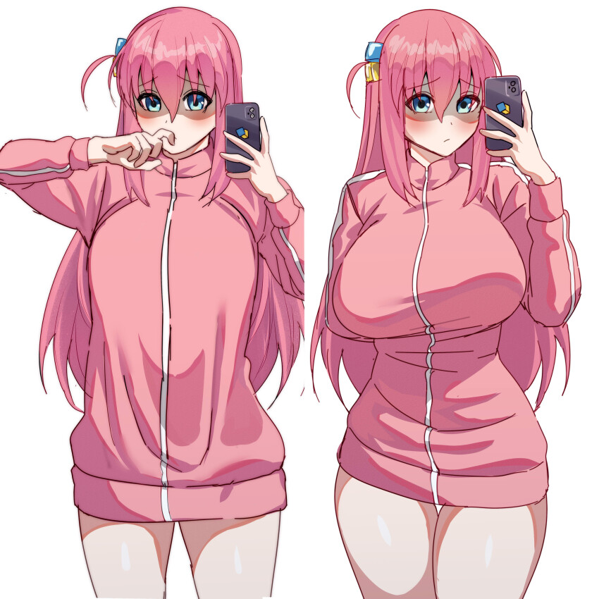 1girl, absurdres, avetetsuya_studios, blue_eyes, blush, bocchi_the_rock!, breasts, cellphone, commentary, cowboy_shot, english_commentary, gotoh_hitori, highres, holding, holding_phone, jacket, large_breasts, long_hair, long_sleeves, looking_at_viewer, phone, pink_hair, pink_jacket, simple_background, smartphone, solo, white_background