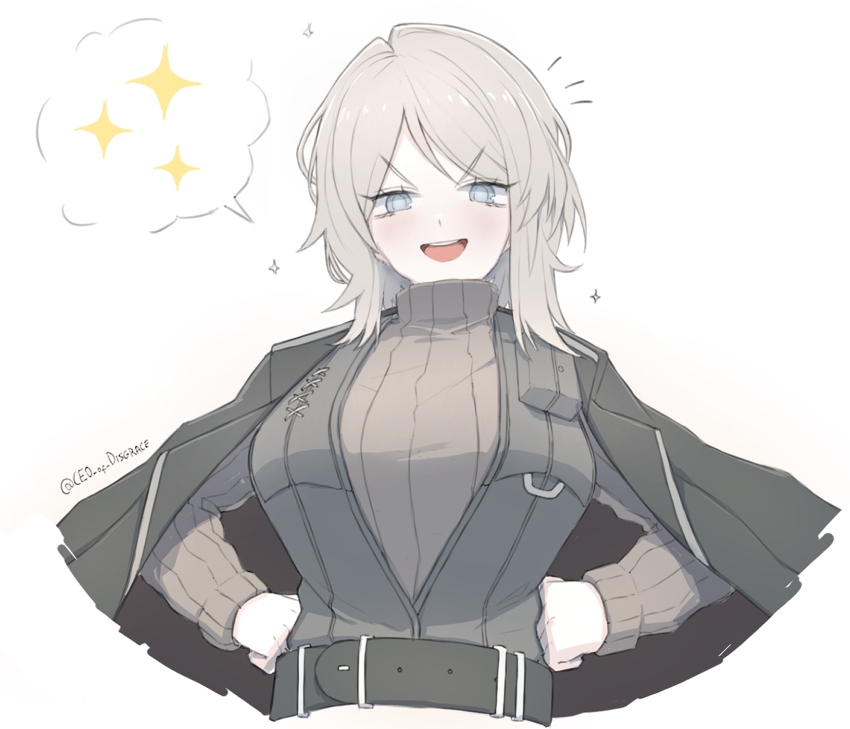 1girl, belt, black_belt, blue_eyes, blush, bob_cut, breasts, ceo_of_disgrace