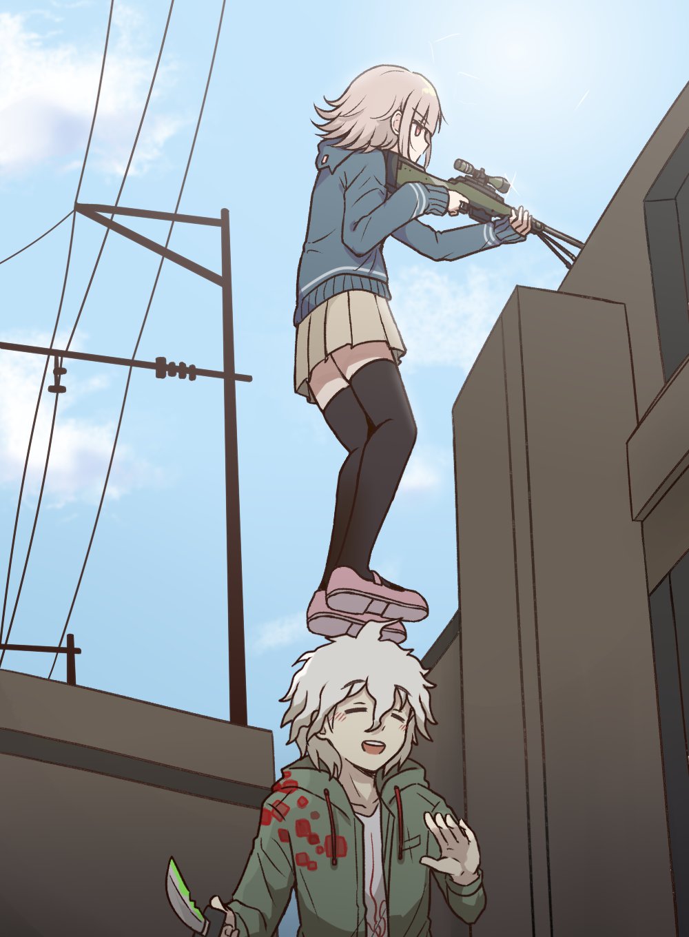 1boy, 1girl, :d, ahoge, black_thighhighs, brown_hair, counter-strike, counter-strike_(series)