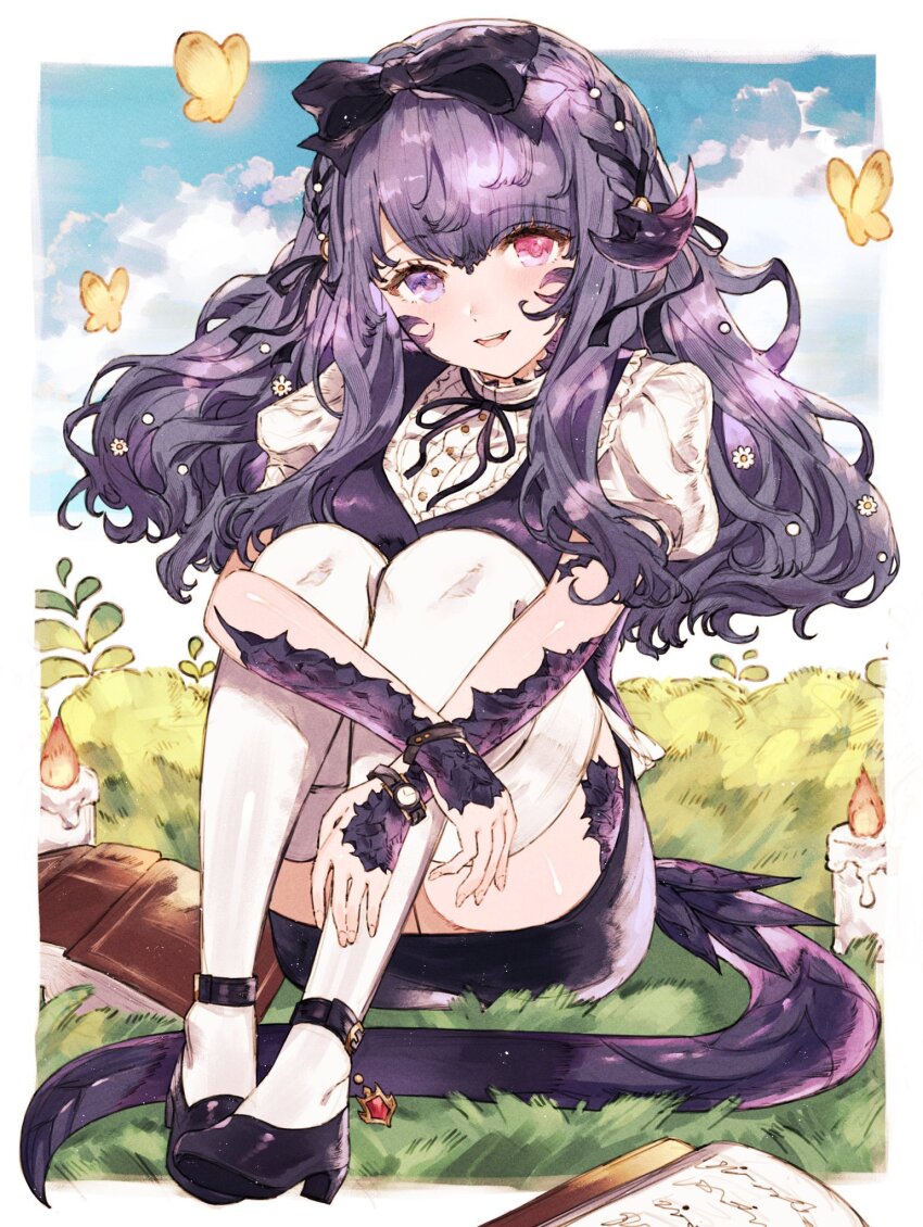1girl, :d, ankle_belt, au_ra, black_bow, black_ribbon, black_skirt, book, border, bow, bug, butterfly, candle, final_fantasy, final_fantasy_xiv, glowing_butterfly, grass, hair_bow, head_tilt, heterochromia, highres, horns, hugging_own_legs, insect, legs_together, long_hair, looking_at_viewer, mary_janes, miniskirt, monster_girl, neck_ribbon, open_mouth, outside_border, pink_eyes, purple_eyes, purple_hair, ribbon, scales, shirt, shoes, sitting, skirt, smile, solo, tamagodyooo, thighhighs, tiles, warrior_of_light_(ff14), watch, white_border, white_shirt, white_thighhighs, wristband, wristwatch, yellow_butterfly