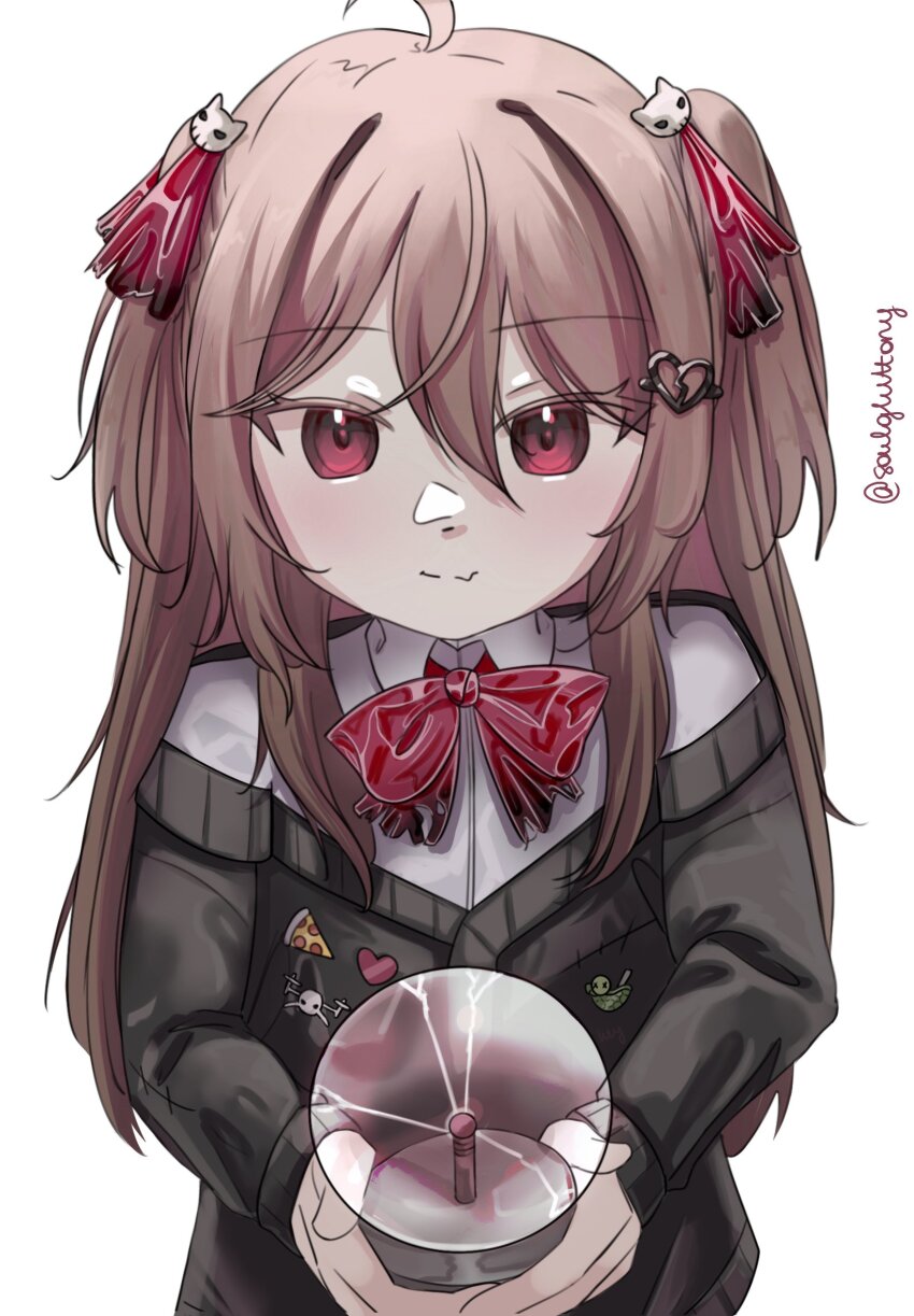 1girl, ahoge, artist_name, black_cardigan, bow, bowtie, broken_heart, broken_heart_hair_ornament, brown_hair, buttons, cardigan, closed_mouth, collared_shirt, commentary, dress_shirt, english_commentary, evil_neuro-sama, hair_between_eyes, hair_ornament, hair_ribbon, heart_button, highres, holding, long_hair, long_sleeves, looking_at_viewer, neuro-sama, off-shoulder_cardigan, plasma_globe, red_bow, red_bowtie, red_eyes, red_ribbon, ribbon, shirt, simple_background, skull_hair_ornament, solo, soulgluttony, upper_body, vedal_ai, white_background, white_shirt