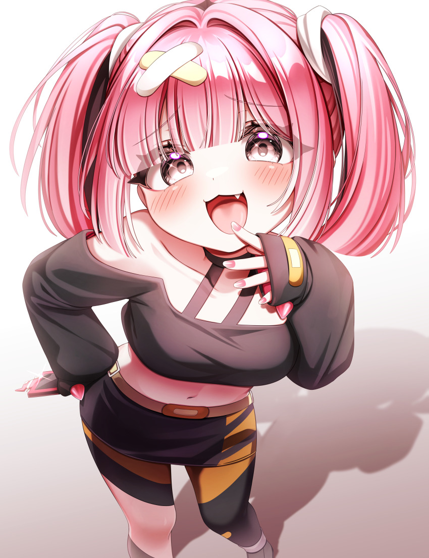 1girl, :d, absurdres, belt, blush, collarbone, commentary_request, coral_(pokemon), cropped_shirt, dasom, fang, hand_on_own_hip, hand_up, highres, holding, holding_phone, long_sleeves, looking_at_viewer, nail_polish, navel, nintendo, off-shoulder_shirt, off_shoulder, open_mouth, phone, pink_hair, pink_nails, pokemon, pokemon_(anime), pokemon_horizons, shirt, skirt, smile, solo, standing, tongue, twintails