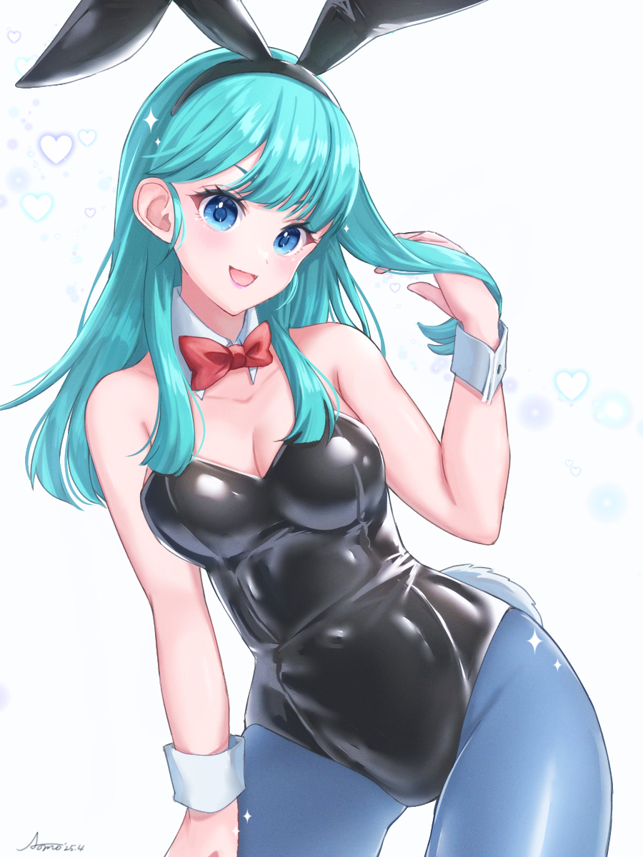 1girl, animal_ear_hairband, animal_ears, aomo, aqua_eyes, black_leotard, blue_eyes, blue_pantyhose, bow, bowtie, breasts, bulma, cleavage, cowboy_shot, detached_collar, dragon_ball, dragon_ball_(classic), fake_animal_ears, hairband, hand_on_own_thigh, highres, leotard, long_hair, medium_breasts, pantyhose, playboy_bunny, rabbit_ears, rabbit_tail, red_bow, red_bowtie, solo, strapless, strapless_leotard, tail, white_background, wrist_cuffs