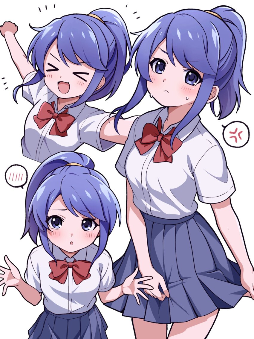 >_<, 1girl, :d, :o, anger_vein, blue_skirt, blush, bow