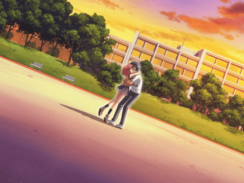 1boy, 1girl, arms_around_neck, arms_around_another's_waist, black_hair, chakku!_tsuiteru!!, chop_(chakku!_tsuiteru!!), evening, game_cg, hug, kiss, outdoors, red_hair, shoes, simple_background, sneakers
