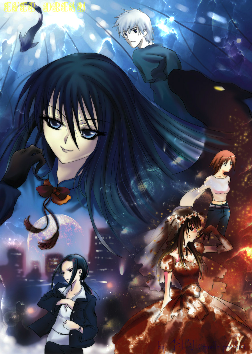 2boys, 3girls, amputee, bad_id, bad_pixiv_id, black_hair, blood, bridal_veil