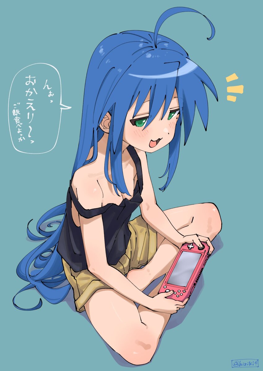 1girl, :3, ahoge, black_tank_top, blue_background, blue_hair, breasts, brown_shorts