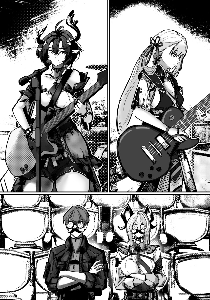 1boy, 3girls, absurdres, aoyama_yoshino, bocchi_the_rock!, ciaccona_(wuthering_waves), electric_guitar, fake_facial_hair, fake_mustache, glasses, gotoh_hitori, guitar, hasegawa_ikumi, highres, horns, instrument, jinhsi_(wuthering_waves), kita_ikuyo, li9999, male_rover_(wuthering_waves), monochrome, multiple_girls, rover_(wuthering_waves), tree_horns, voice_actor_connection, wuthering_waves, zani_(wuthering_waves)