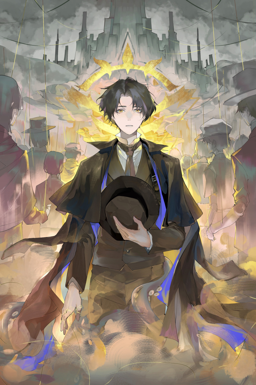 1boy, absurdres, angel, black_hair, black_jacket, black_necktie, black_pants, city