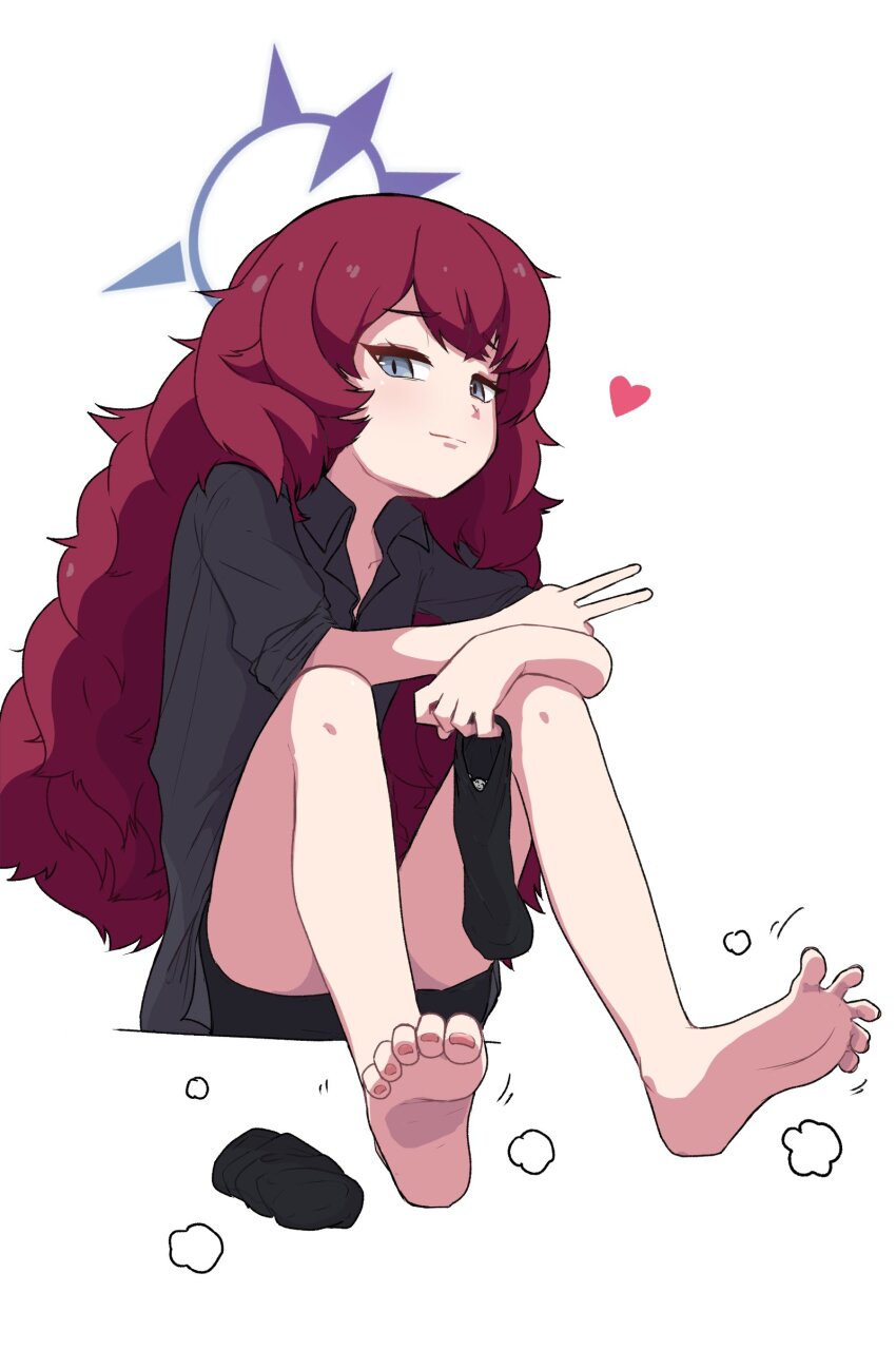 1boy, 1girl, absurdres, arms_on_knees, barefoot, black_shirt, black_socks, blue_archive