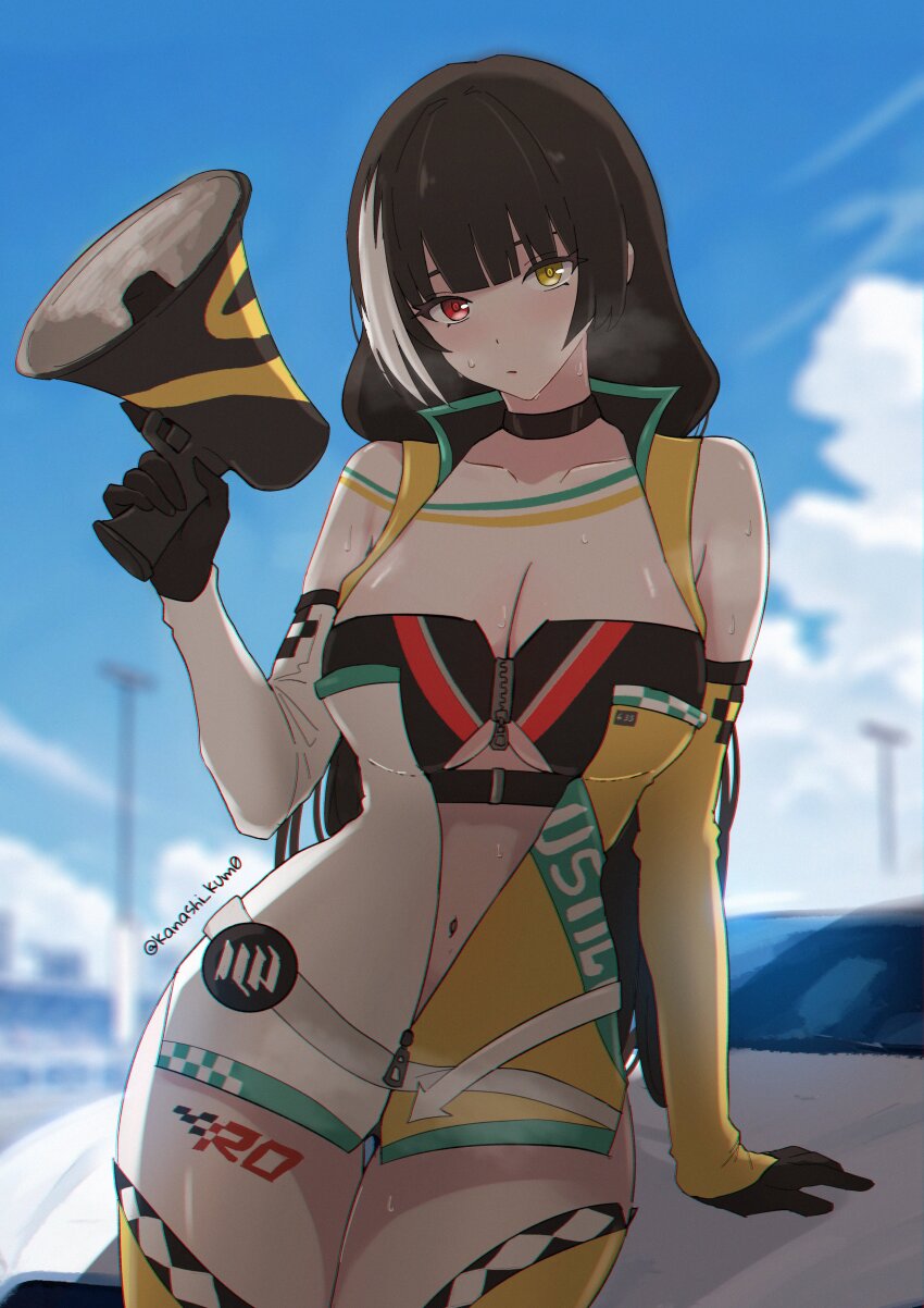 1girl, absurdres, arm_support, artist_name, blue_sky, blush, breasts, brown_hair