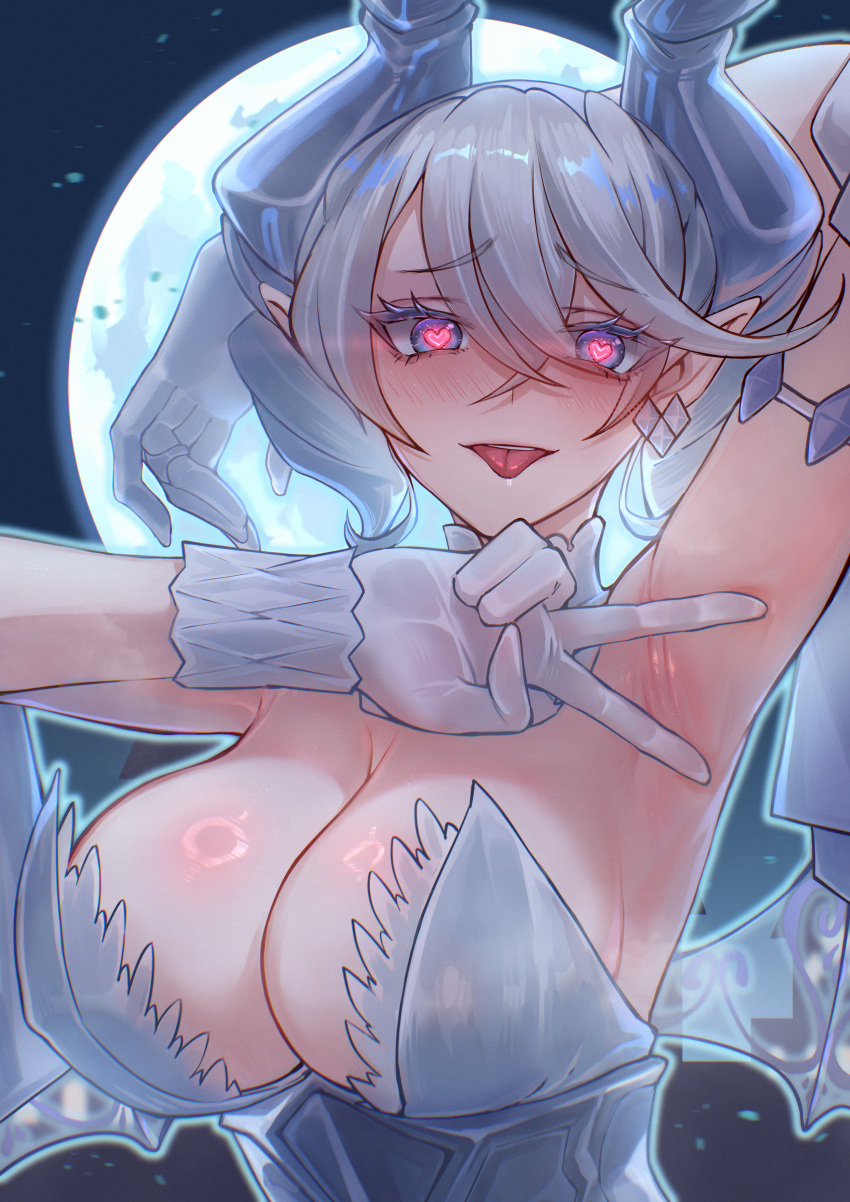 1girl, absurdres, armpits, arms_behind_head, bare_shoulders, breasts, cleavage, demon_girl, demon_horns, demon_wings, dress, drill_hair, duel_monster, full_body, gloves, grey_hair, heart, heart-shaped_pupils, highres, horns, large_breasts, long_hair, lovely_labrynth_of_the_silver_castle, megatron_(pixiv16907671), night, strapless, strapless_dress, symbol-shaped_pupils, tongue, tongue_out, twin_drills, upper_body, v, very_long_hair, white_dress, white_gloves, wings, yu-gi-oh!