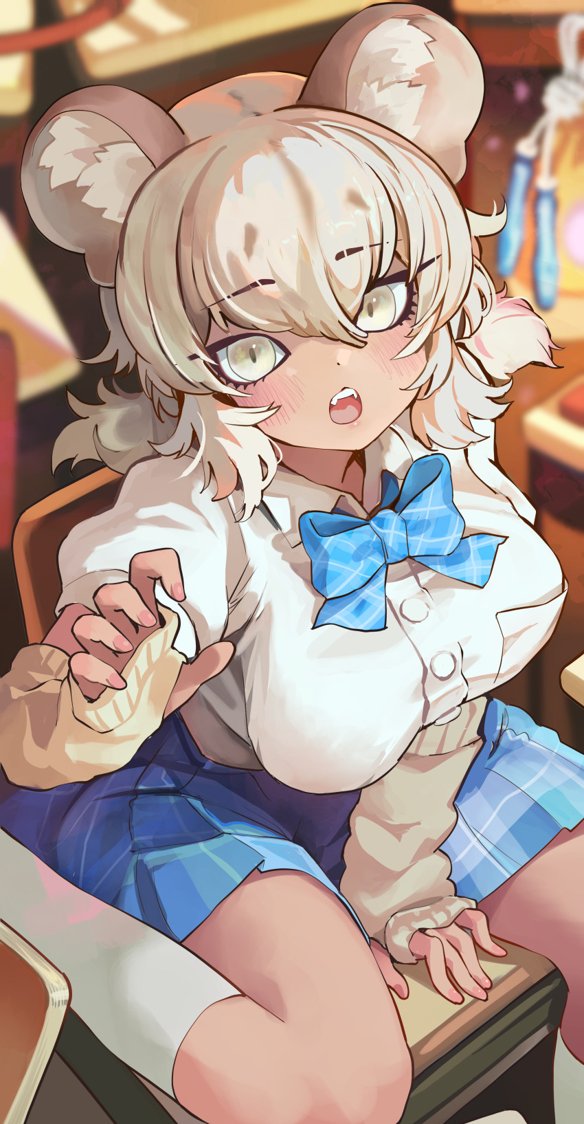 1girl, absurdres, animal_ear_fluff, animal_ears, arm_warmers, blonde_hair, blue_bow, blue_bowtie