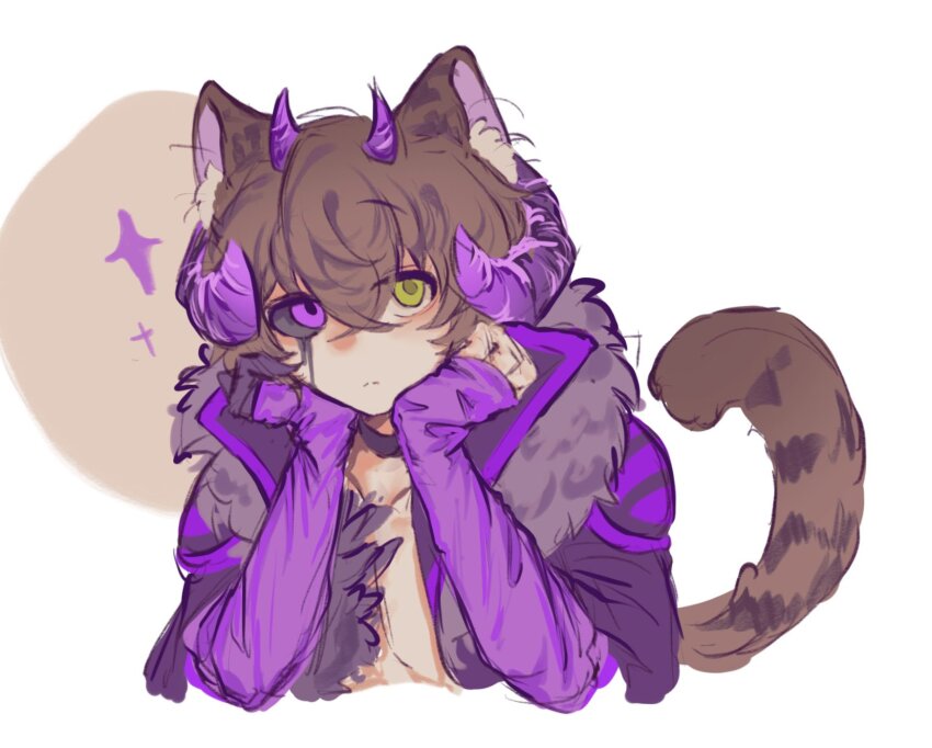 1boy, animal_ears, animification, black_coat, black_sclera, brown_hair, cat_ears, cat_tail