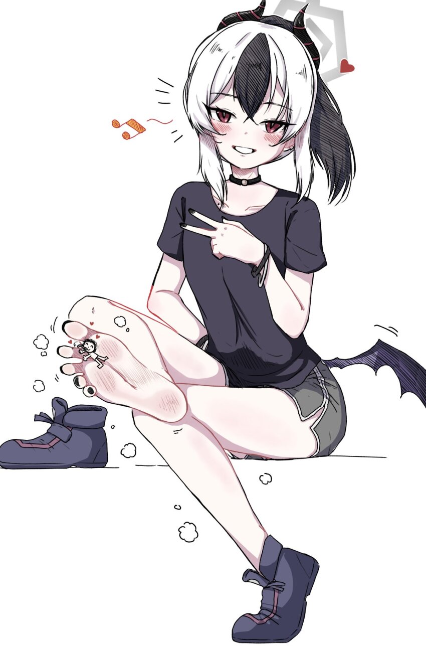 1boy, 1girl, armlet, black_choker, black_hair, black_horns, black_nails, black_shirt