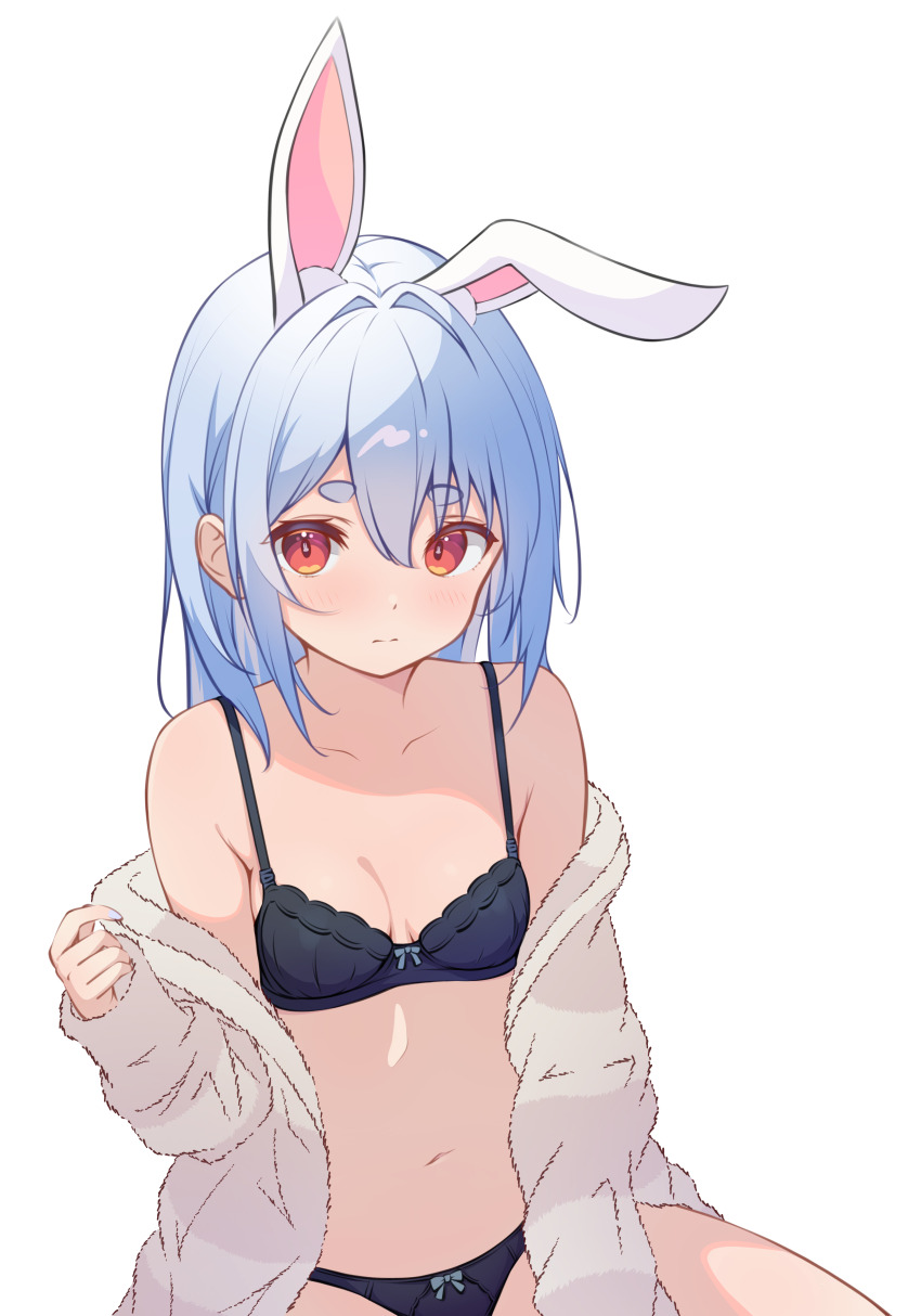 1girl, absurdres, animal_ears, black_bra, black_panties, blue_hair, blush, bra