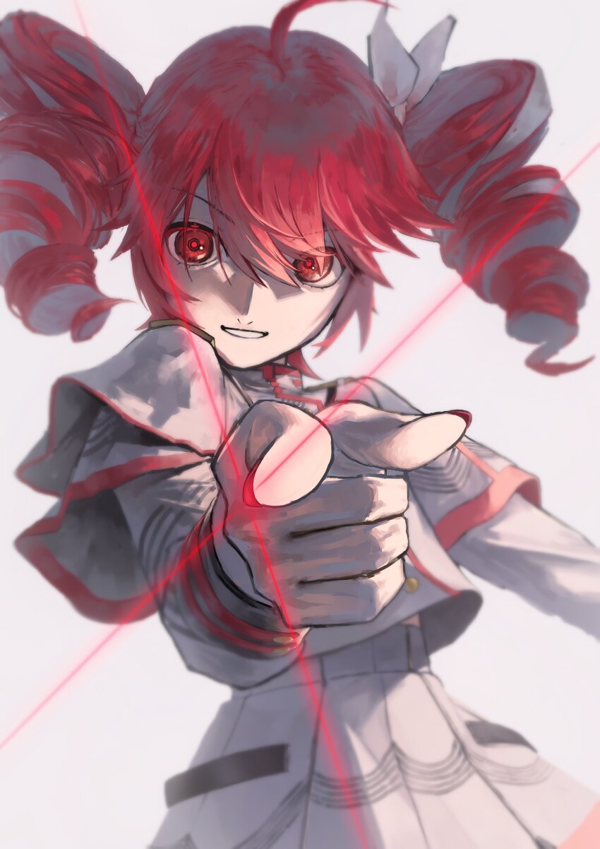 1girl, absurdres, ahoge, belt, black_belt, border, bow, grey_background, grey_jacket, grey_skirt, grin, hair_between_eyes, hair_bow, hair_ribbon, hashtag-only_commentary, highres, jacket, kasane_teto, kasane_teto_(sv), looking_at_viewer, midriff_peek, musical_staff, musical_staff_print, pointing, pointing_at_viewer, red_eyes, red_hair, red_trim, ribbon, shimashima_(shimashima_4444), shoulder_belt, shoulder_boards, simple_background, skirt, smile, solo, striped_clothes, striped_jacket, striped_skirt, synthesizer_v, upper_body, utau, white_border, white_ribbon