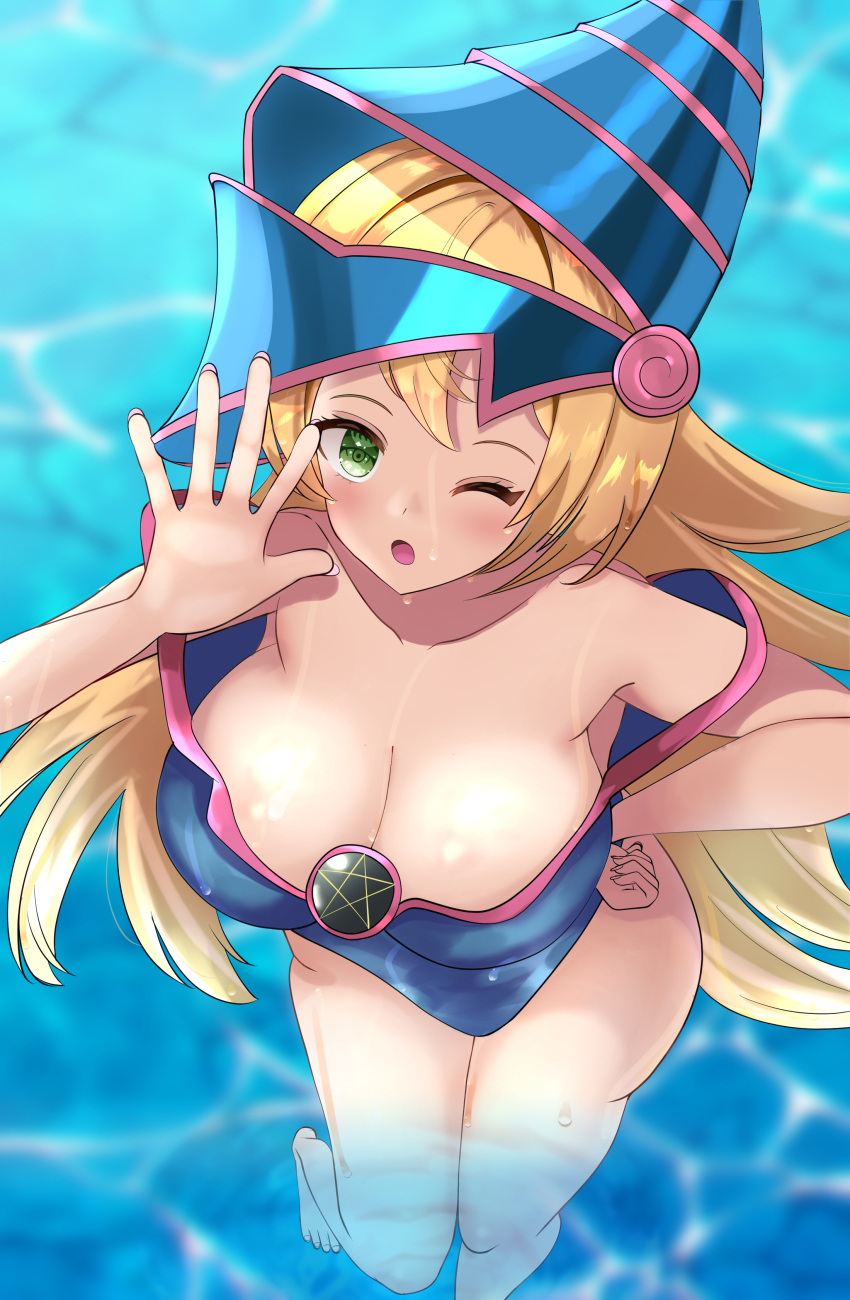 1girl, absurdres, blonde_hair, blush, breasts, cleavage, collarbone, dark_magician_girl