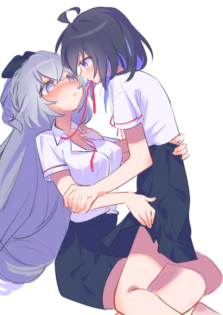 2girls, absurdres, black_skirt, blush, breasts, eye_contact, girl_on_top, grey_hair