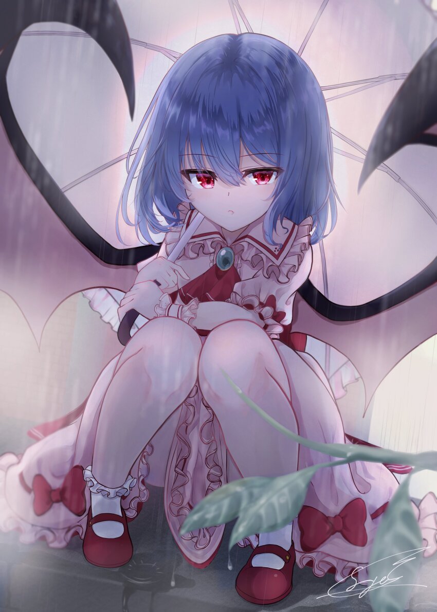 1girl, absurdres, bat_wings, blue_hair, highres, hoshikage_syo, medium_hair, pink_shirt, pink_skirt, rain, red_eyes, remilia_scarlet, shirt, signature, skirt, solo, touhou, umbrella, wings