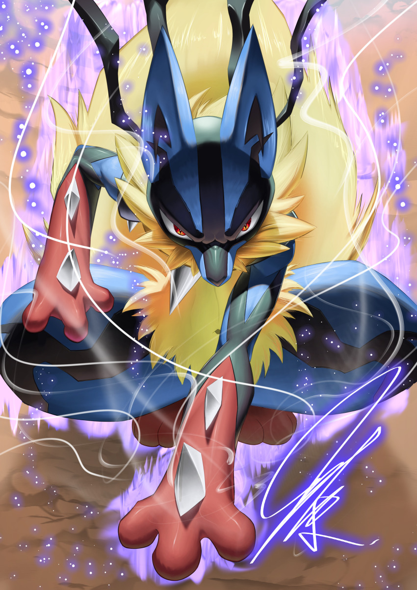 absurdres, animal_hands, aura, blue_fur, creature, dynamic_pose, energy, fighting_stance