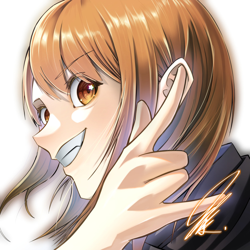 1girl, \m/, absurdres, brown_hair, character_profile, clenched_teeth, colored_eyelashes, commission