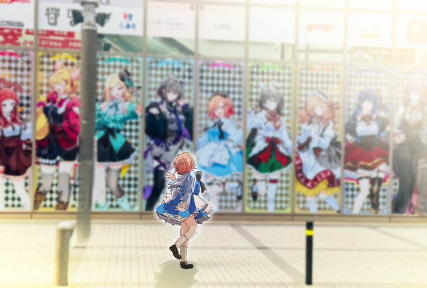 1girl, akihabara_(tokyo), amasawa_hajime, asanagi_yori, atre_akihabara, black_shoes, blue_dress, braid