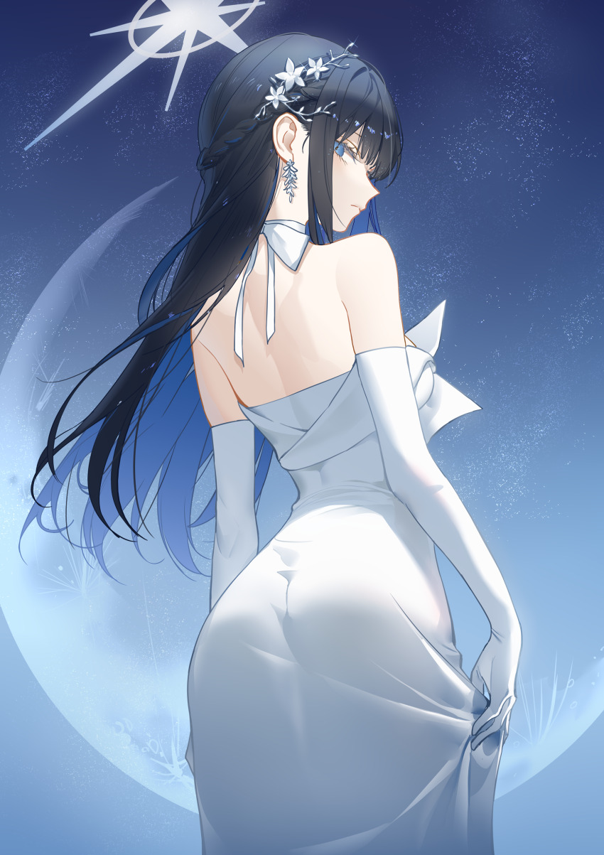 1girl, absurdres, ass, bare_shoulders, black_hair, blue_archive, blue_eyes, blush