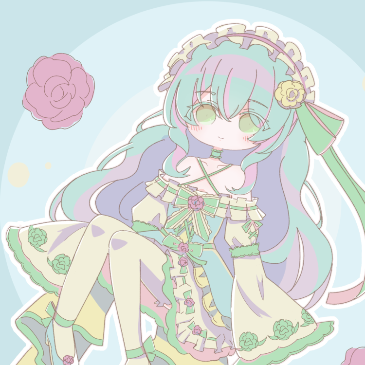 1girl, ankle_ribbon, aqua_dress, aqua_hair, aqua_shoes, assault_lily, blue_background, blush