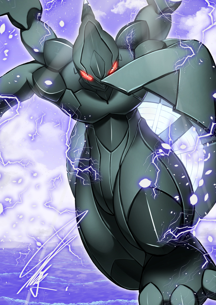 absurdres, armor, colored_sclera, crest, dynamic_pose, electricity, gen_5_pokemon, glowing