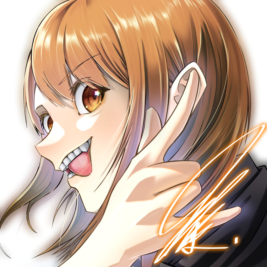 1girl, \m/, absurdres, brown_hair, character_profile, colored_eyelashes, commission, ears_visible_through_hair, fang, from_side, grin, hair_between_eyes, hair_over_one_eye, hand_up, highres, jacket, medium_hair, mitsukuma448, nose, open_mouth, original, portrait, realistic_teeth, signature, simple_background, smile, solo, sparkle, star_(symbol), star_in_eye, symbol_in_eye, teeth, tongue, tongue_out, upper_body, watermark, white_background, yellow_eyes