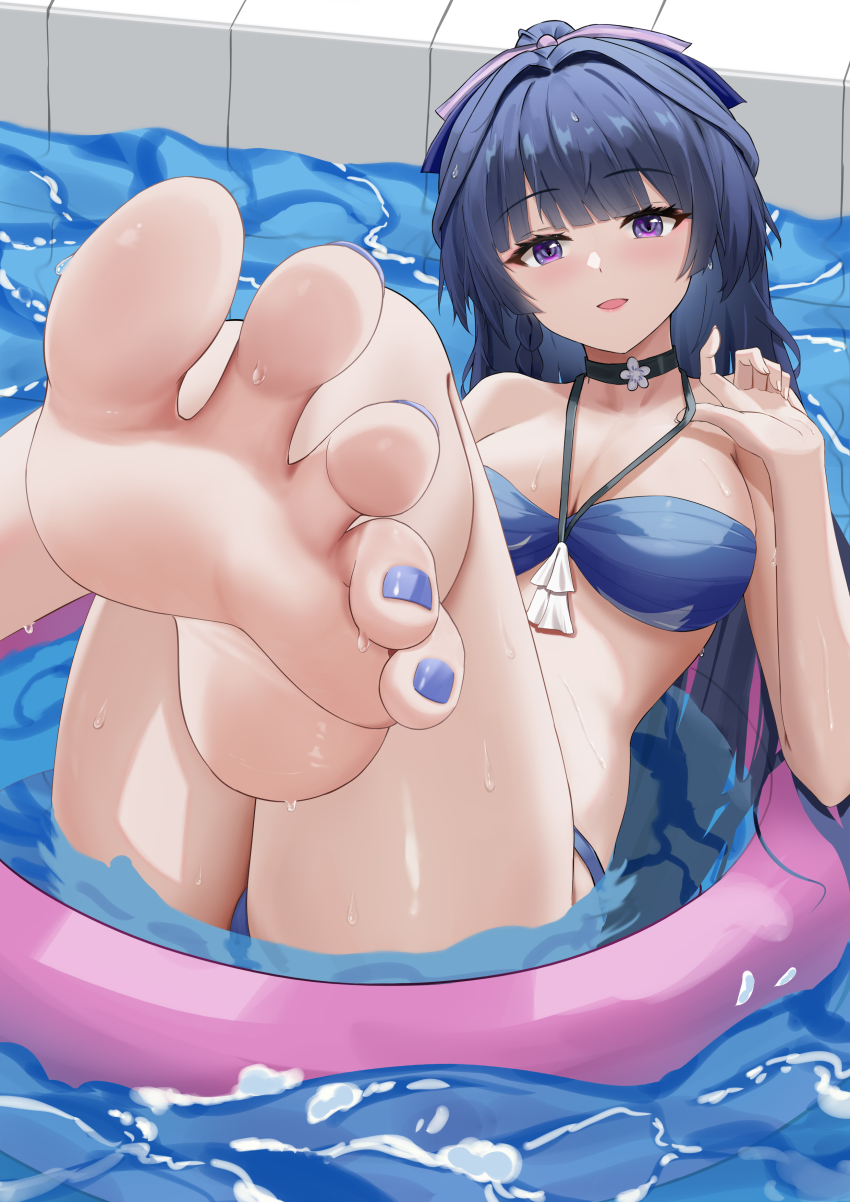 1girl, absurdres, barefoot, bikini, black_hair, blush, feet, highres