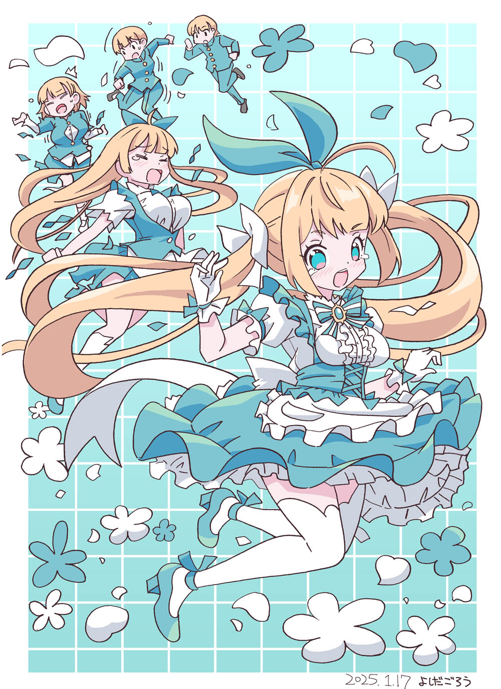 1boy, 1girl, alice's_adventures_in_wonderland, blonde_hair, blue_eyes, blush, bow, dress