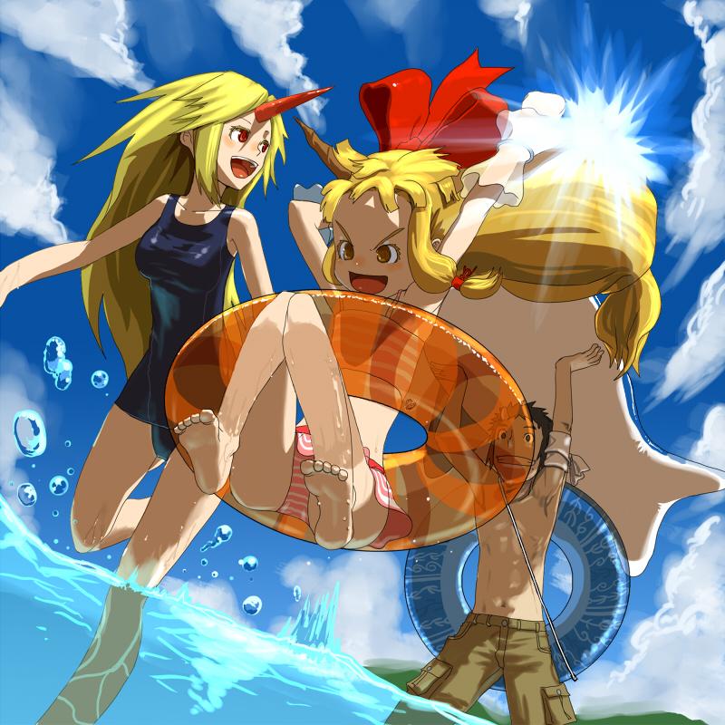 1boy, 2010, 2girls, asakura_teppei, bikini, bikini_skirt, black_hair, blonde_hair