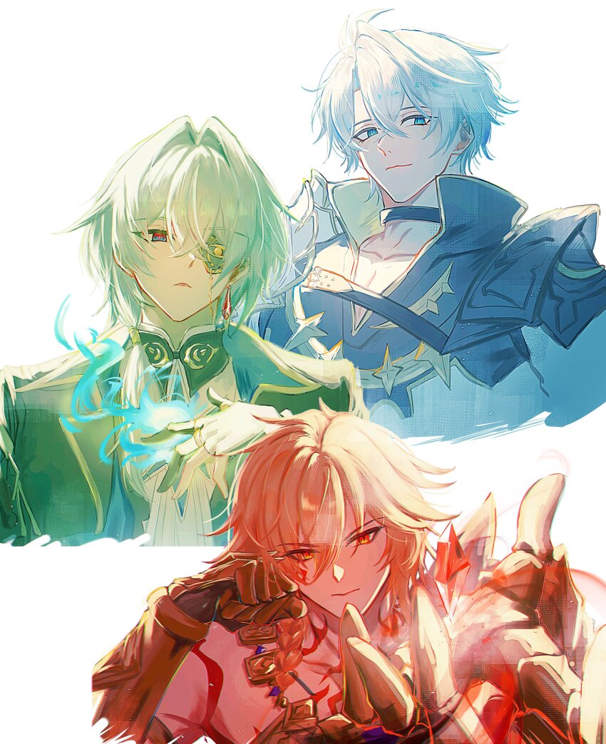 3boys, absurdres, anaxa_(honkai:_star_rail), ancient_greek_clothes, armor, black_choker, black_jacket, blonde_hair