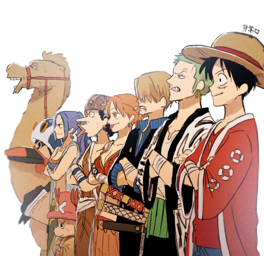 2girls, 5boys, antlers, bandaged_arm, bandages, bird, black_hair, blonde_hair