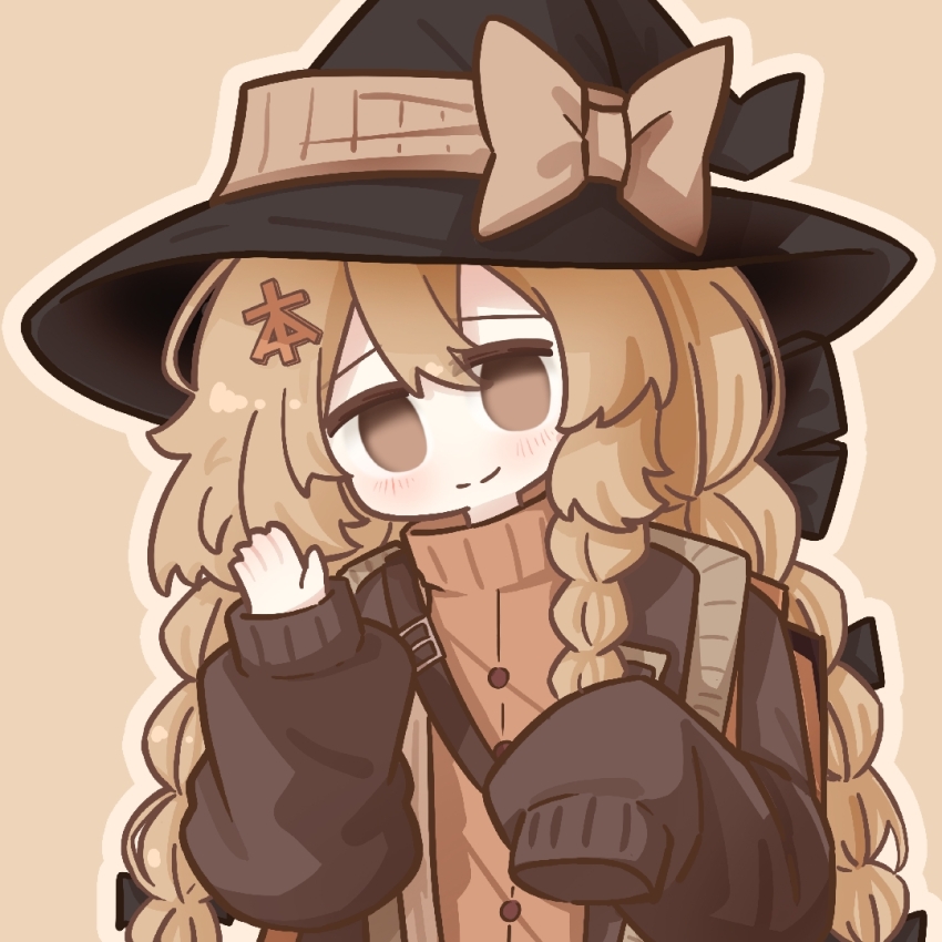 1girl, backpack, bag, benzi_mofashi, black_bow, black_hat, black_ribbon, blonde_hair, bow, braid, brown_background, brown_bow, brown_eyes, buttons, chinese_commentary, closed_mouth, clothing_request, commentary_request, hair_between_eyes, hair_bow, hair_ribbon, hands_up, hat, hat_bow, head_tilt, kanji_hair_ornament, kirisame_marisa, light_blush, long_sleeves, looking_at_viewer, no_pupils, nuansede_kekeya, orange_sweater, outline, puffy_long_sleeves, puffy_sleeves, ribbon, simple_background, single_sleeve_past_fingers, single_sleeve_past_wrist, smile, solo, sweater, touhou, turtleneck, turtleneck_sweater, upper_body, waving, witch_hat