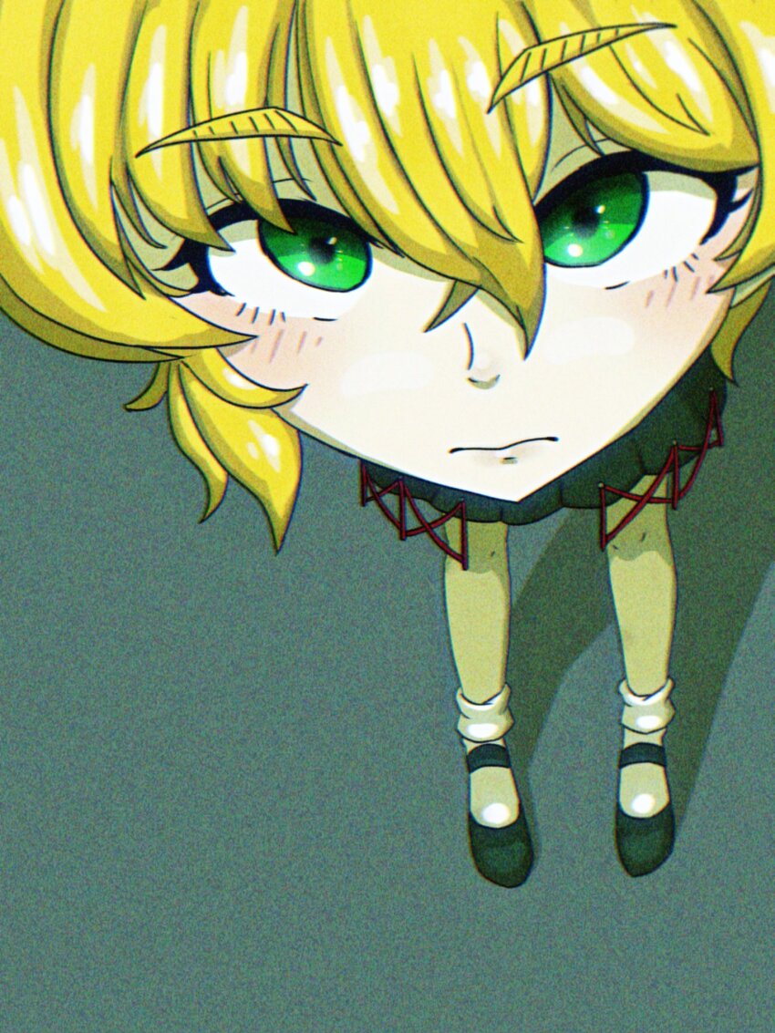 1girl, alt_text, bent_over, blonde_hair, closed_mouth, commentary, english_commentary, foreshortening