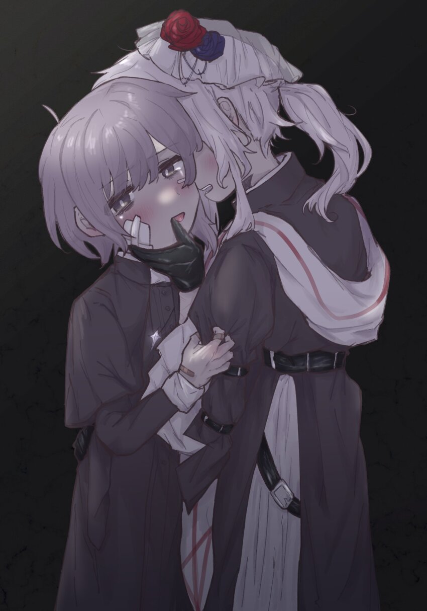 1boy, 1girl, assertive_female, backlighting, bags_under_eyes, bandaid, bandaid_on_finger, bandaid_on_hand